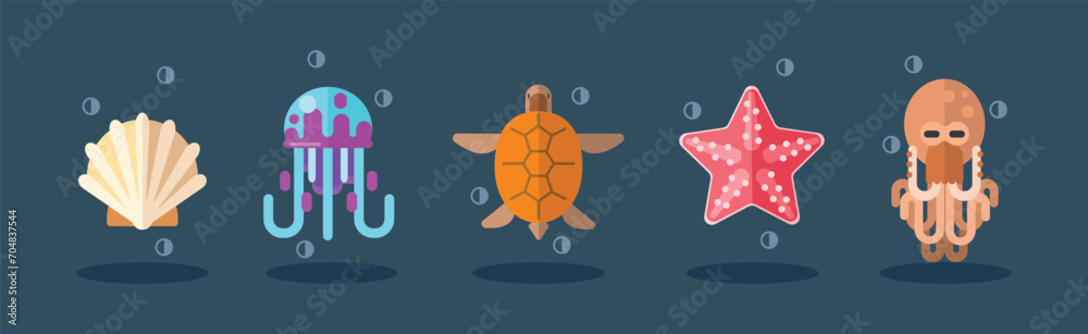 Sticker Flat Sea Life and Marine Animal Vector Set