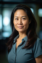 Fototapeta premium Asian mature professional business woman standing in an office smiling confidently. Business corporate people background.