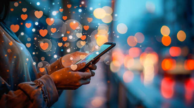 Smartphone Social Media Connectivity in Urban Night.
Smartphone in use with heart and social icons, city evening ambiance.