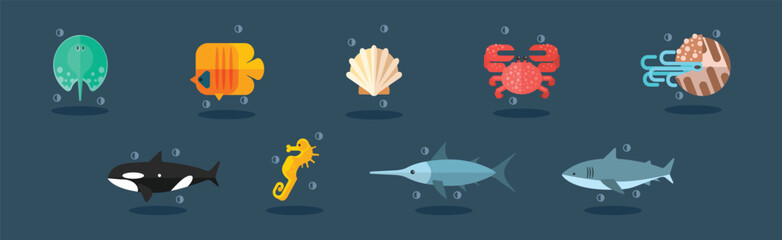 Flat Sea Life and Marine Animal Vector Set © topvectors