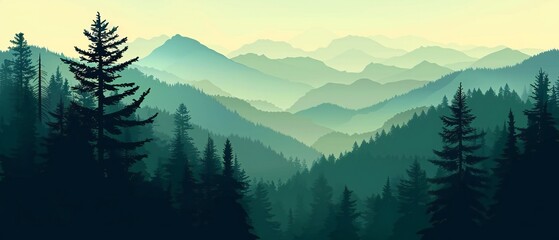 illustration depicting a panoramic forest mountain landscape. dark green silhouettes of valley views