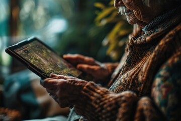 A photo of an elderly person playing a game on a tablet, focusing on their engagement and the playful, vibrant screen graphics