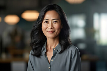 Fototapeta premium Asian mature professional business woman standing in an office smiling confidently. Business corporate people background.