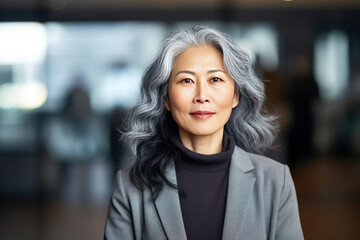 Obraz premium Asian mature professional business woman standing in an office smiling confidently. Business corporate people background.
