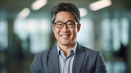Fototapeta premium Asian mature professional business man standing in an office smiling confidently. Business corporate people background.