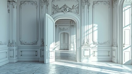 design empty white room with opened door