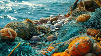  a fishing net filled with lots of different types of balls and seashells sitting on top of a body of water. - obrazy, fototapety, plakaty
