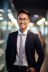 Fototapeta premium Asian young business man standing in an office smiling confidently. Business corporate people background.