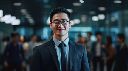 Fototapeta premium Asian young business man standing in an office smiling confidently. Business corporate people background.