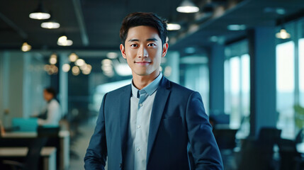 Fototapeta premium Asian young business man standing in an office smiling confidently. Business corporate people background.