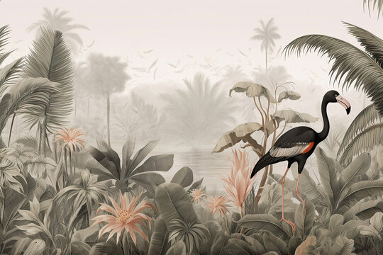Flamingo in the rainforest, vintage illustration with light brown background in boho style