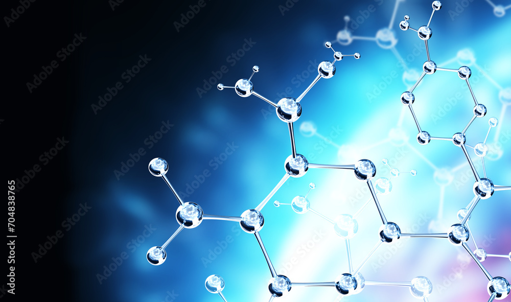Wall mural horizontal banner with model of abstract molecular structure. background of blue color with glass at