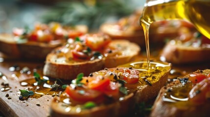  a wooden cutting board topped with slices of bread covered in toppings and a bottle of olive oil being poured on top of the bread.