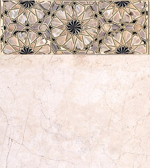 Horizontal or vertical background with traditional moroccan tile decoration. Detail of ancient mosaic with mother-of-pearl ornaments and pink marble texture. Mock up template. Copy space for text