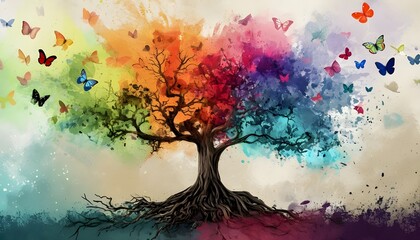 Abstract multicolored Tree with roots and butterflies