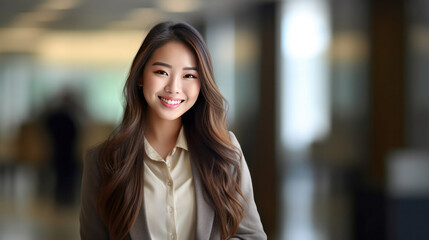 Asian young business woman standing in an office smiling confidently. Business corporate people...