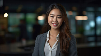 Fototapeta premium Asian young business woman standing in an office smiling confidently. Business corporate people background.