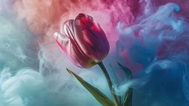  a single pink tulip in front of a blue, pink, and red cloud of smoke on a blue and pink background.