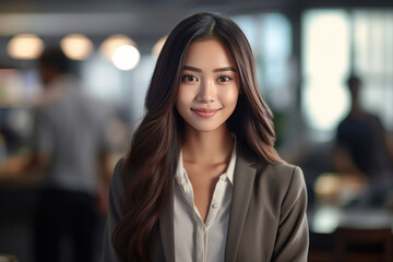 Fototapeta premium Asian young business woman standing in an office smiling confidently. Business corporate people background.