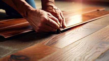 Close up of a worker hands installing timber laminate floor. Wooden floors house renovation with measure items. - obrazy, fototapety, plakaty
