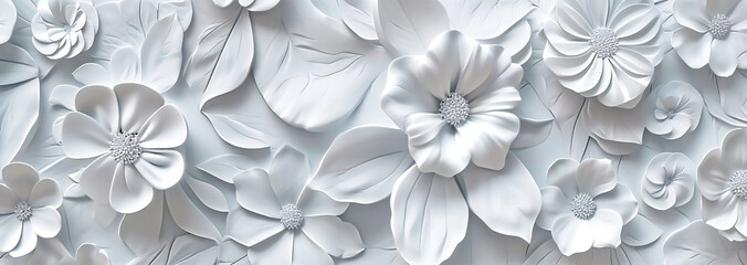 White paper flowers 3d background. White 3d floral wall. textured floral pattern