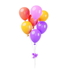 3d bundle of helium balloons with ribbons and bow. Colorful decoration for holiday, store opening ceremony, birthday or party event isolated on white background. Cartoon render icon. 3D illustration