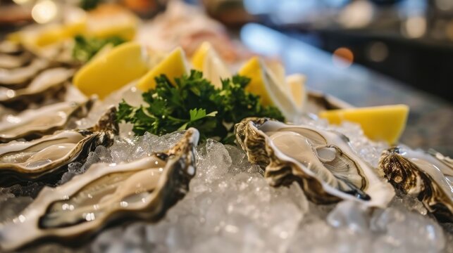 a close up of oysters on ice with lemon wedges and parsley on a table in a restaurant.