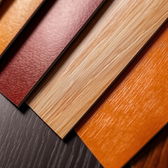Close up of laminated, veneer, engineering wood flooring samples. Wood texture for furniture and flooring furnishing material samples. interior material design samples.
