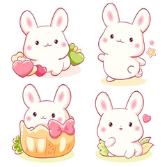 Obraz na płótnie Canvas Set of little bunny in kawaii style. Tiny baby rabbits in multiple poses. Cute rabbit expression sheet collection. Can be used for t-shirt print, sticker, greeting card. Vector illustration EPS8