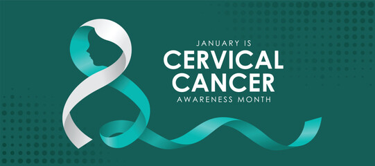 January is cervical cancer awareness month text and teal white ribbon roll with face woman shape on dark teal background vector design
