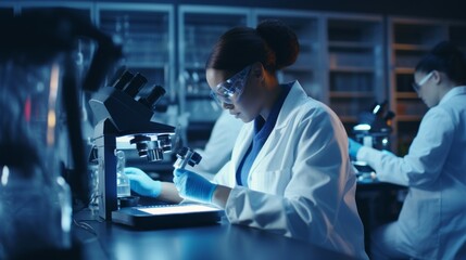An African-American female microbiologist studies the evolution of vaccines, drug analyses using a microscope, and high technology in a modern laboratory.