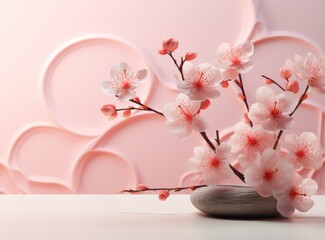 Beautiful sakura flowers on table against pink background, closeup