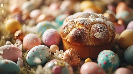  a muffin with powdered sugar on top of it surrounded by eggs and other colorfully colored candies.