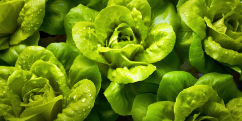Close up of lettuce grown in greenhouse with drip irrigation hose system.