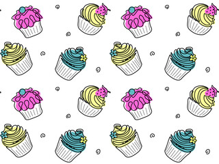 Doodle seamless pattern of cupcakes, cakes, sweets for the holiday