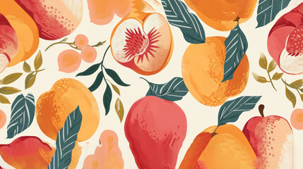  a pattern of oranges and peaches with leaves and flowers on a white background with green leaves and oranges. - obrazy, fototapety, plakaty