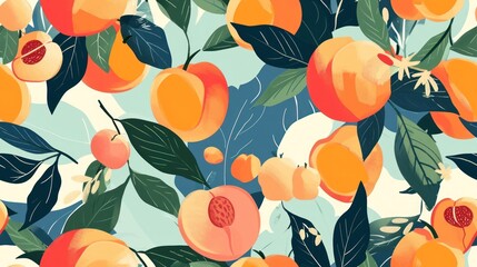 a pattern of peaches and leaves on a light blue background with oranges and green leaves on a light blue background.