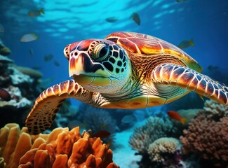 Obraz premium Green sea turtle on coral reef in the Red Sea, Egypt.