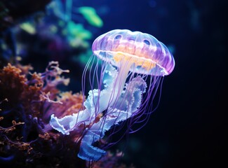 Fototapeta premium Colorful jellyfish swimming in the water. Underwater world.