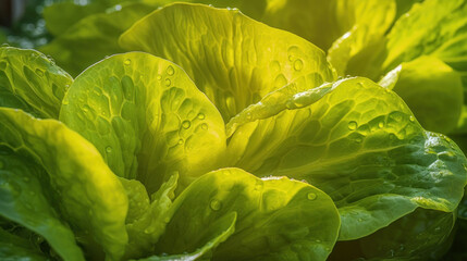 Fototapeta premium Close up of lettuce grown in greenhouse with drip irrigation hose system.