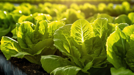 Close up of lettuce grown in greenhouse with drip irrigation hose system.