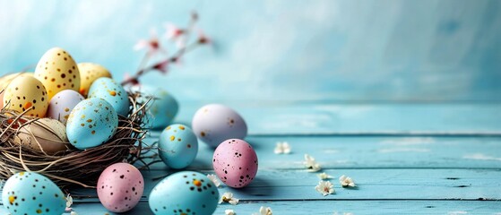 colorful easter eggs and white flowers isolated on blue wooden background