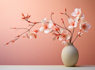 Cherry blossom flowers in vase on pink background, stock photo