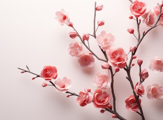 Plum blossom and sakura flowers on a white background.