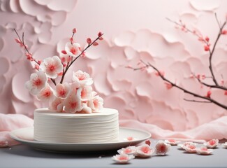 Cake with cherry blossoms on pink background, closeup view