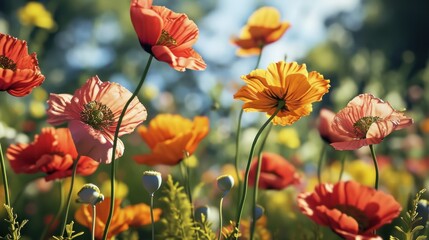 Fototapeta premium a field full of different colored flowers with a blue sky in the backgrounnd of the flowers is an orange, yellow, pink, red, and white, and green color.