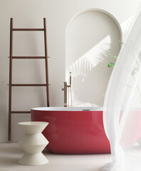 White round side table, red bathtub, blowing cheer curtain in luxury design bathroom in sunlight,...