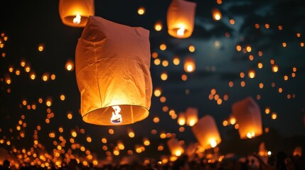  a lot of paper lanterns floating in the air at night time with people looking on and taking pictures of them.