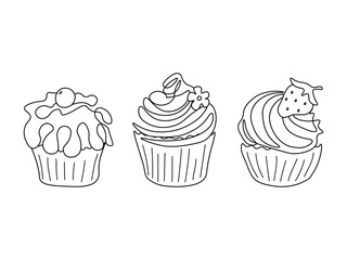 Doodle set of black and white cupcakes, cakes, sweets for the holiday