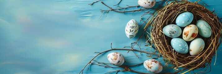 Easter eggs in a nest on a blue background. Spring greeting card with copy space. for easter ad - obrazy, fototapety, plakaty